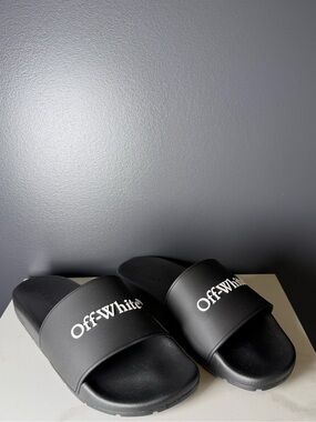 Off-White Black Logo Slide Sandals with White Script